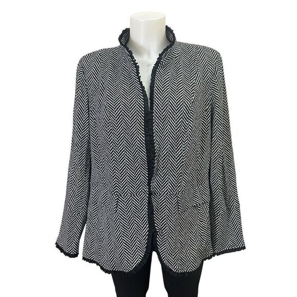 Chico's Black White Herringbone‎ Ponte Blazer Jacket Ruffled Trims sz 2 Medium - Picture 1 of 10